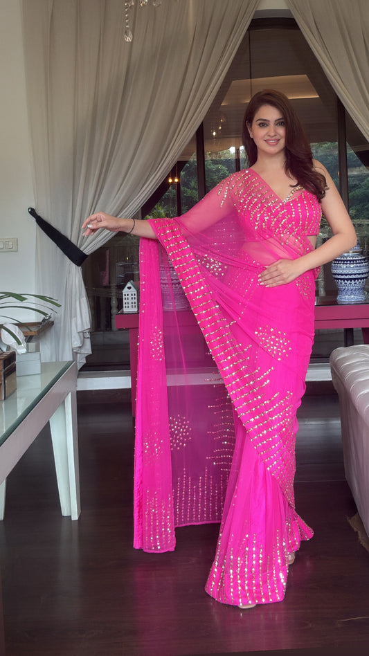 Hot Pink Net Saree